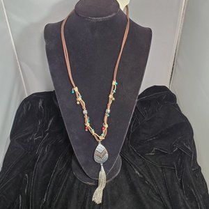 Ruff Hewn Suede leather cord with silver tassels pendant necklace